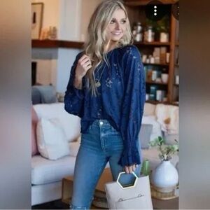 Free People Olivia Floral Lace Top Navy Blue Medium Boho‎ Sheer Peasant Cottage